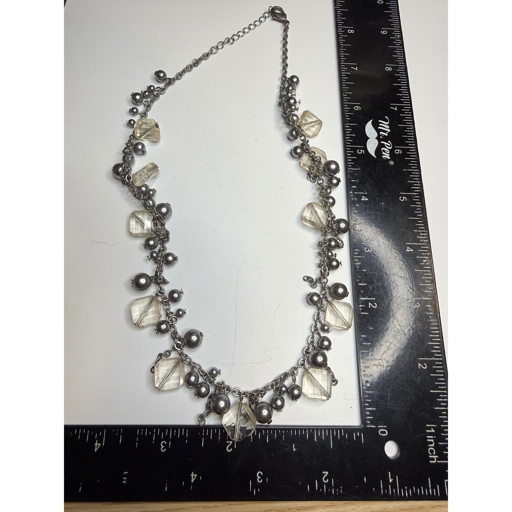 Grey Faux Pearl and Clear Geometric Bead Silver Tone Cluster Necklace 18-21 In